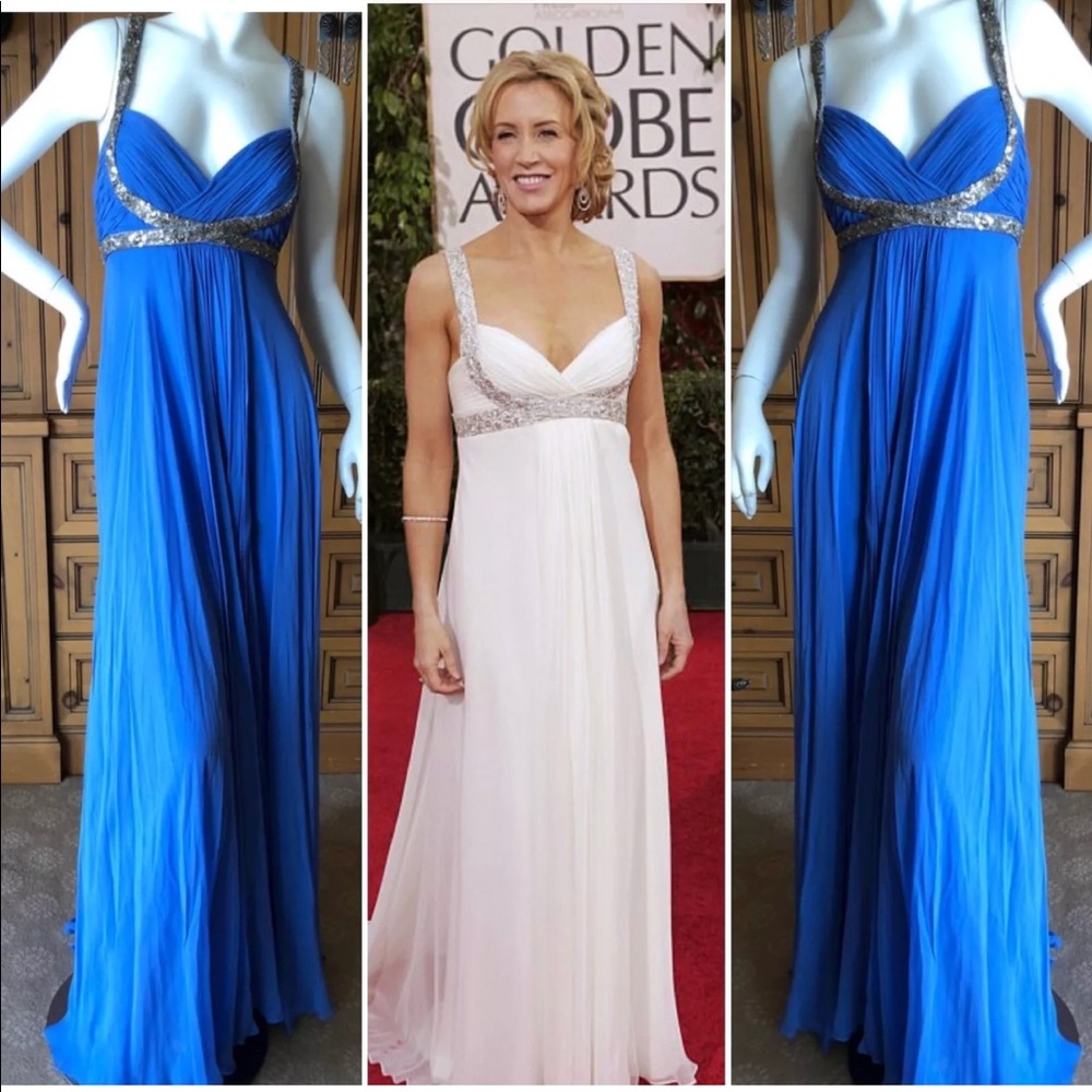 Marchesa Notte blue silver sequin Grecian gown s10